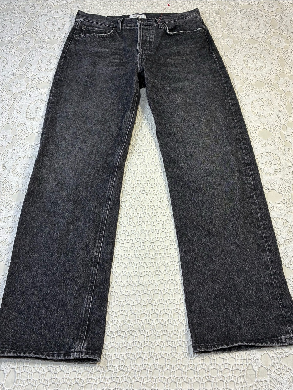 AGOLDE Women 27 High Rise Straight Jeans Black Charcoal Wash Button Fly Raw Hem